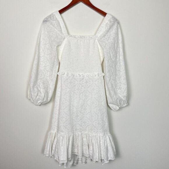 Veronica Beard Revolve Denise Smocked Long Sleeve Eyelet Mini Dress Off White 4 - Picture 3 of 14